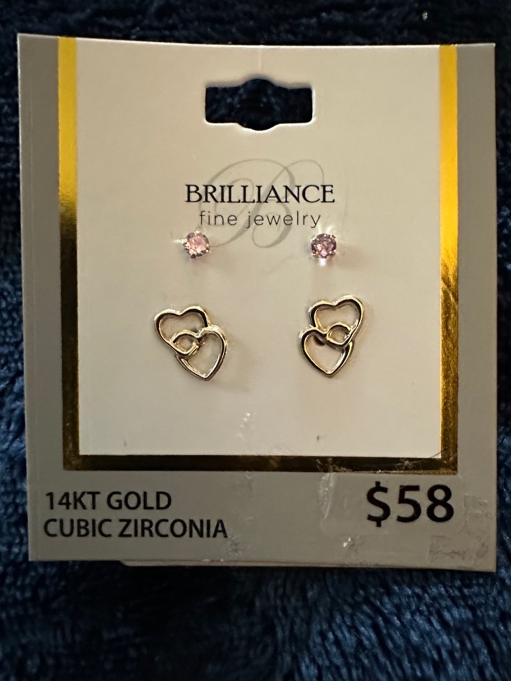 Fine Jewelry 14KT Gold Pink Cubic Zirconia & Double Heart Stud Earrings
